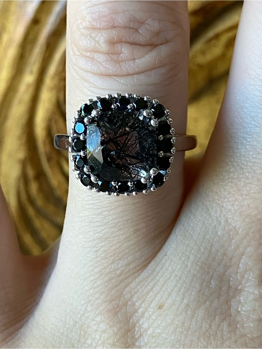 Tourmalinated Quartz Black Spinel Ring Size 7